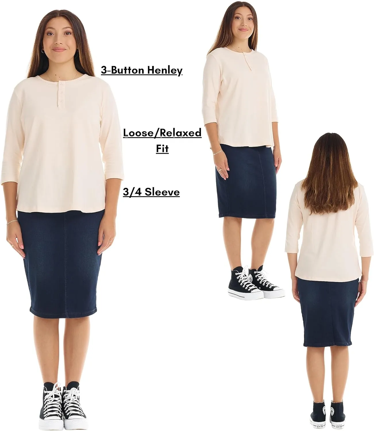 ESTEEZ 3/4 Sleeve Cotton Spandex Casual Henley Tops for Women