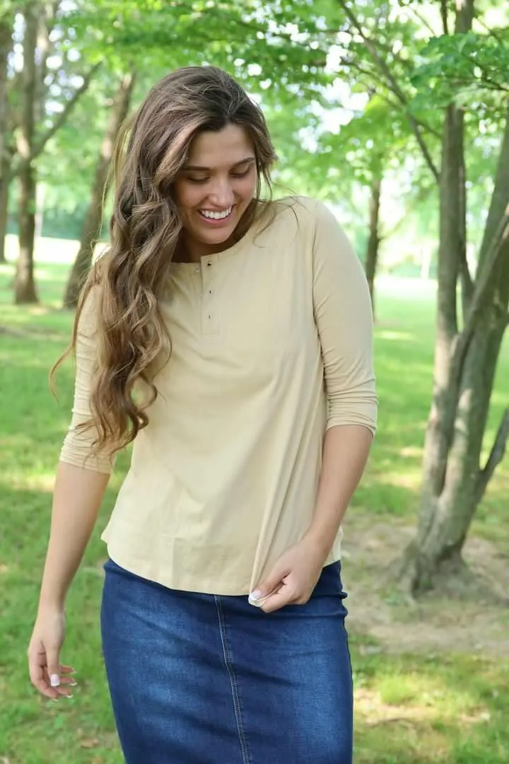 ESTEEZ 3/4 Sleeve Cotton Spandex Casual Henley Tops for Women