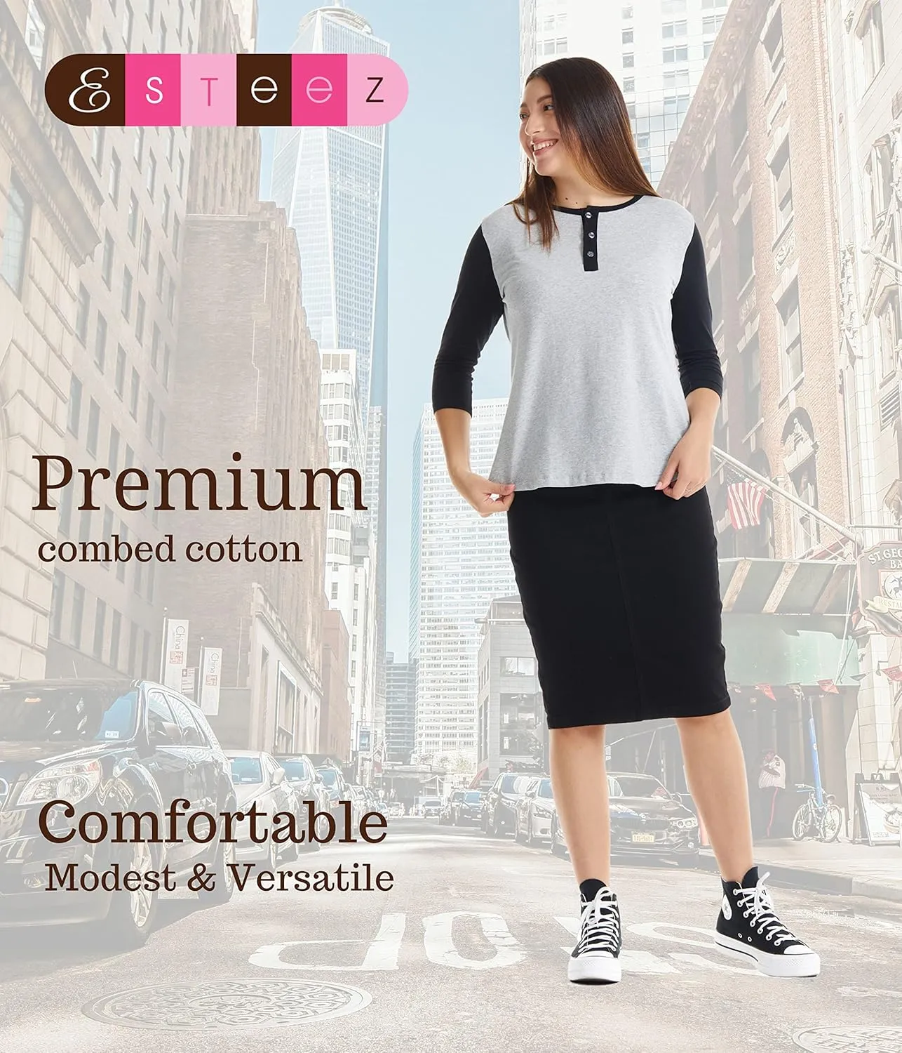 ESTEEZ 3/4 Sleeve Cotton Spandex Casual Henley Tops for Women
