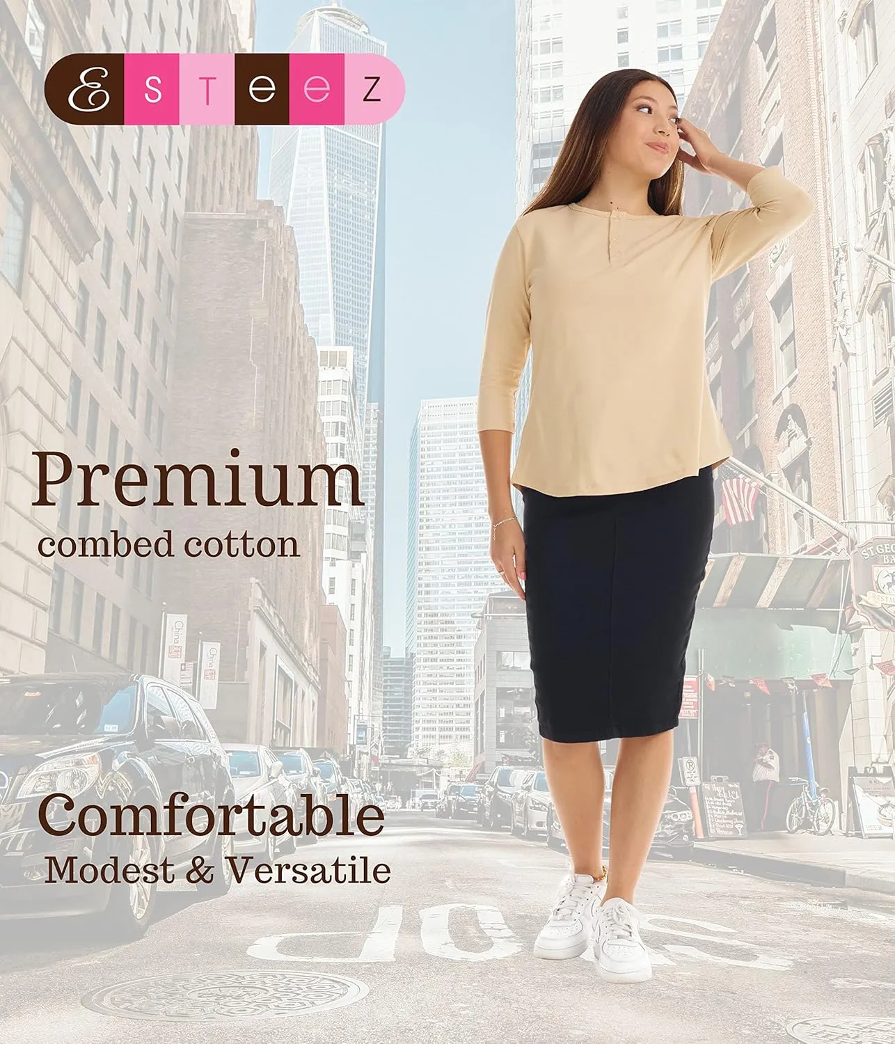 ESTEEZ 3/4 Sleeve Cotton Spandex Casual Henley Tops for Women