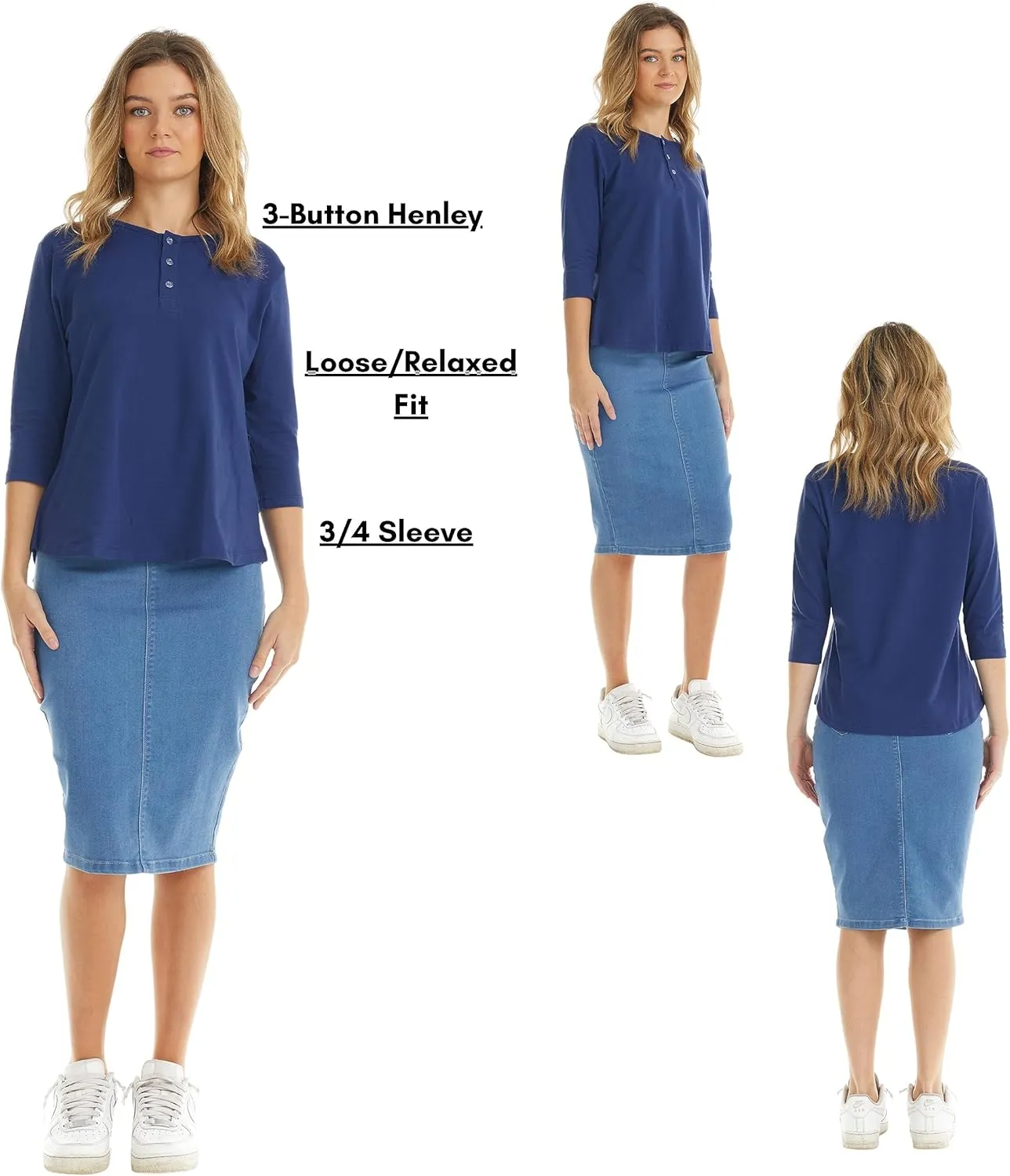 ESTEEZ 3/4 Sleeve Cotton Spandex Casual Henley Tops for Women