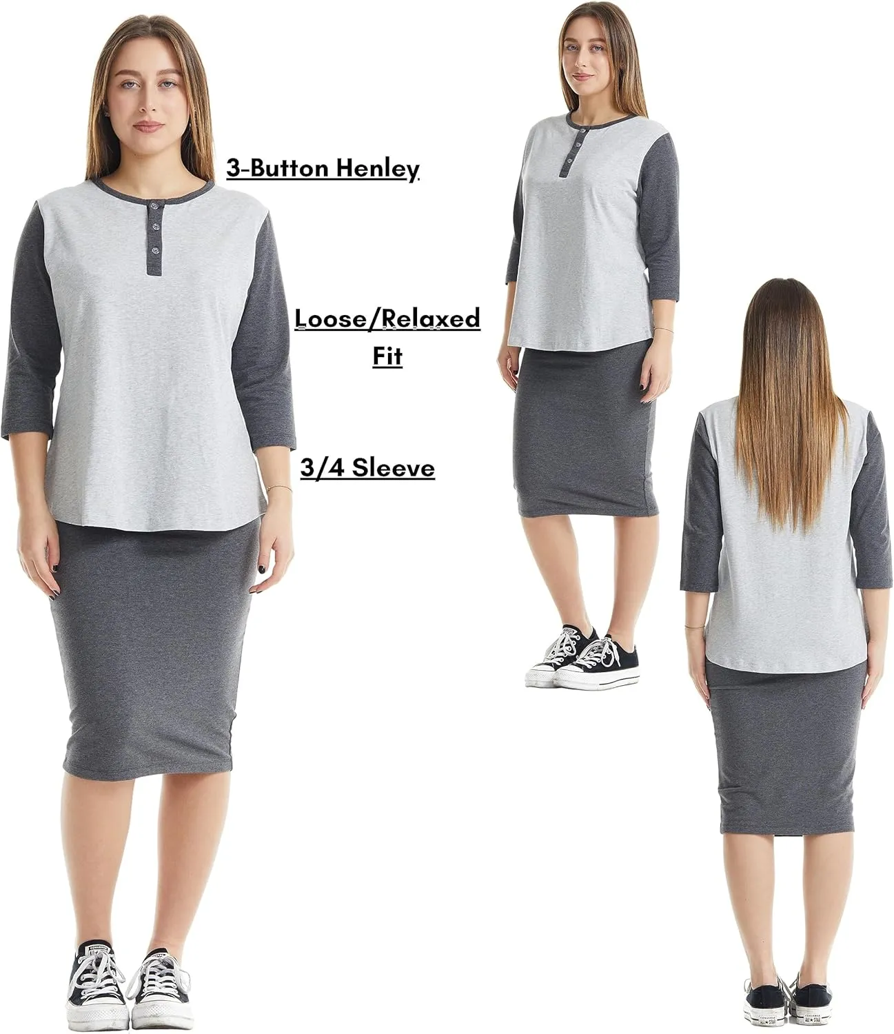 ESTEEZ 3/4 Sleeve Cotton Spandex Casual Henley Tops for Women