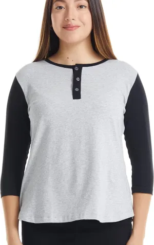 ESTEEZ 3/4 Sleeve Cotton Spandex Casual Henley Tops for Women