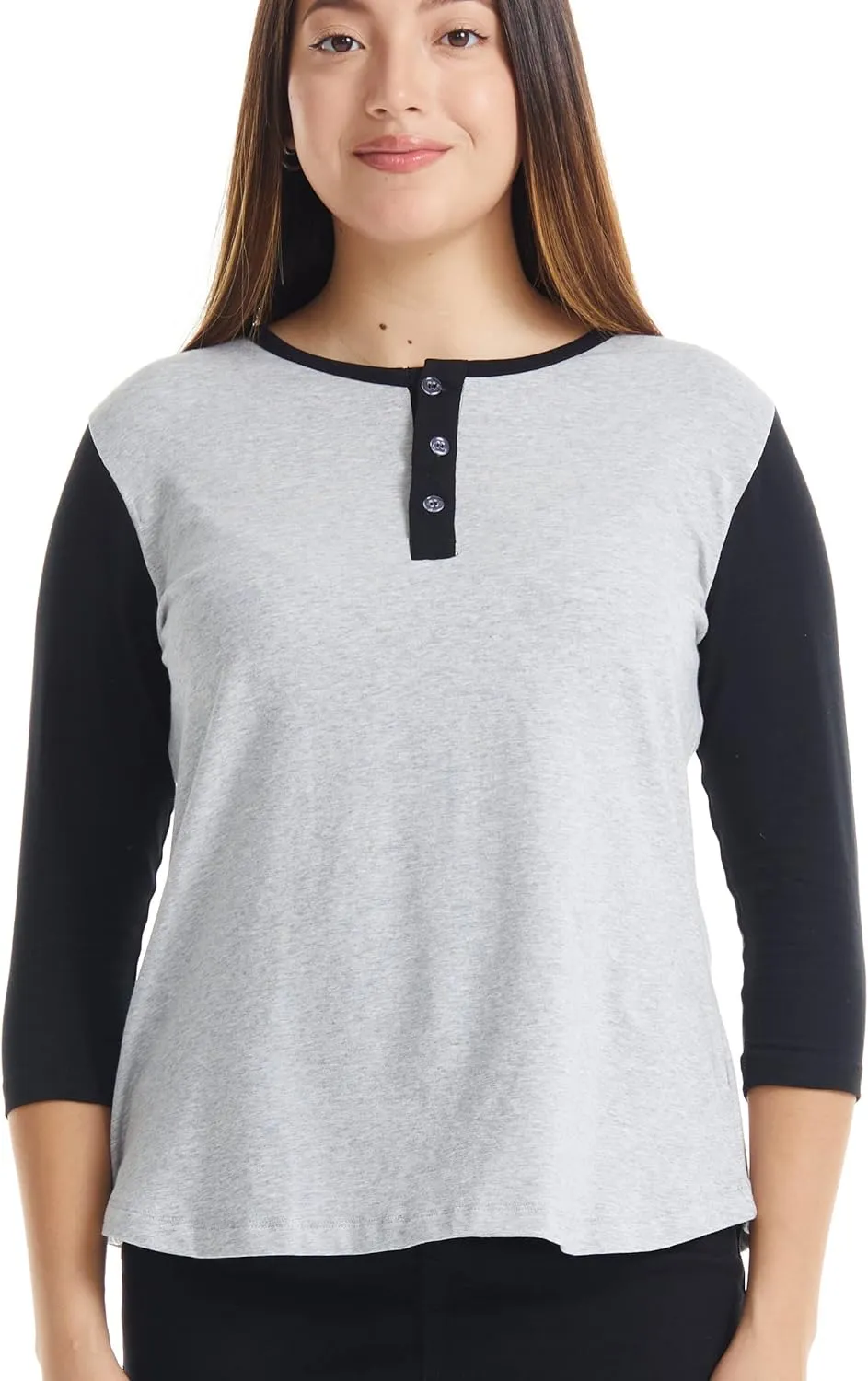 ESTEEZ 3/4 Sleeve Cotton Spandex Casual Henley Tops for Women