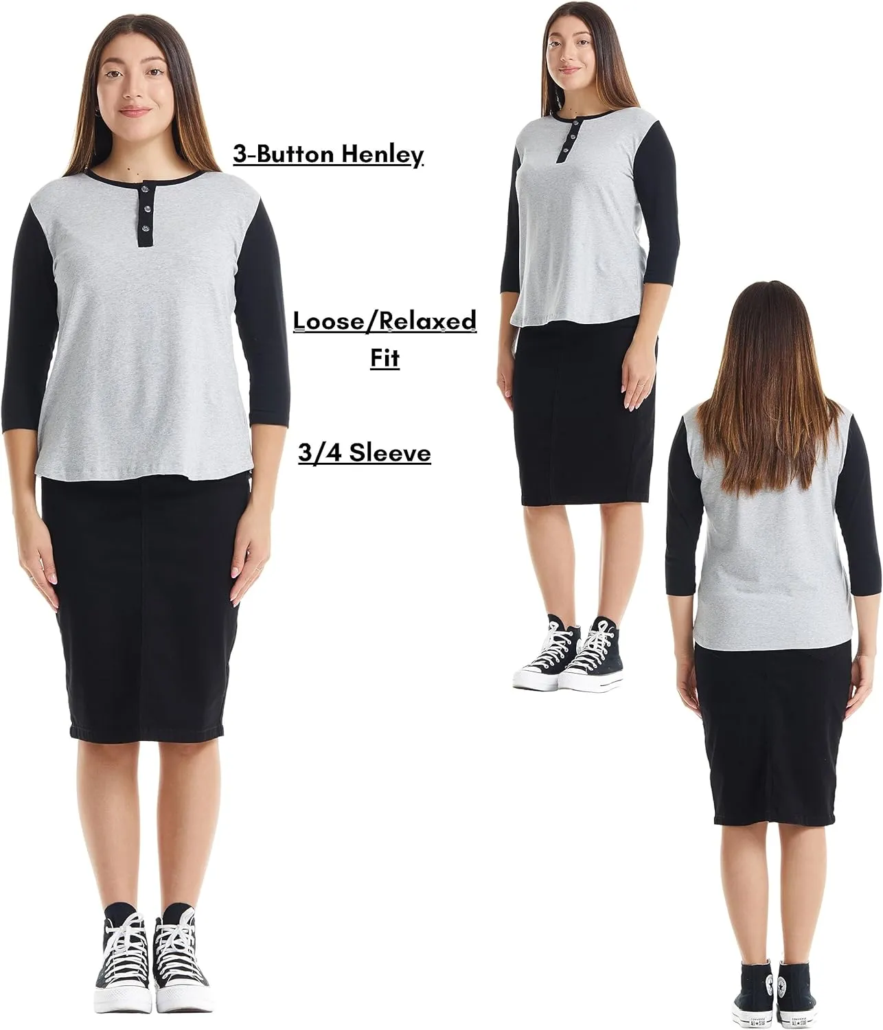 ESTEEZ 3/4 Sleeve Cotton Spandex Casual Henley Tops for Women