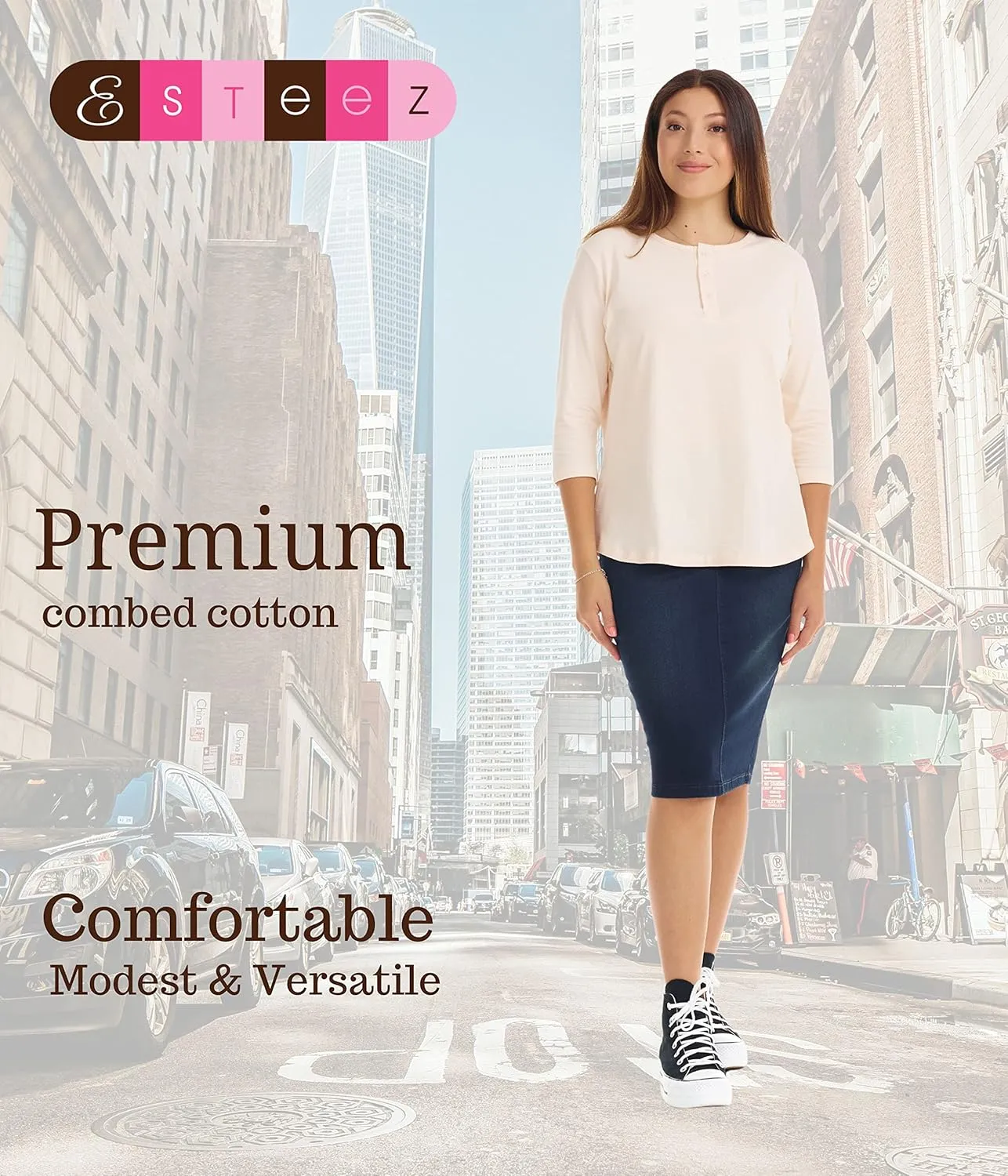 ESTEEZ 3/4 Sleeve Cotton Spandex Casual Henley Tops for Women