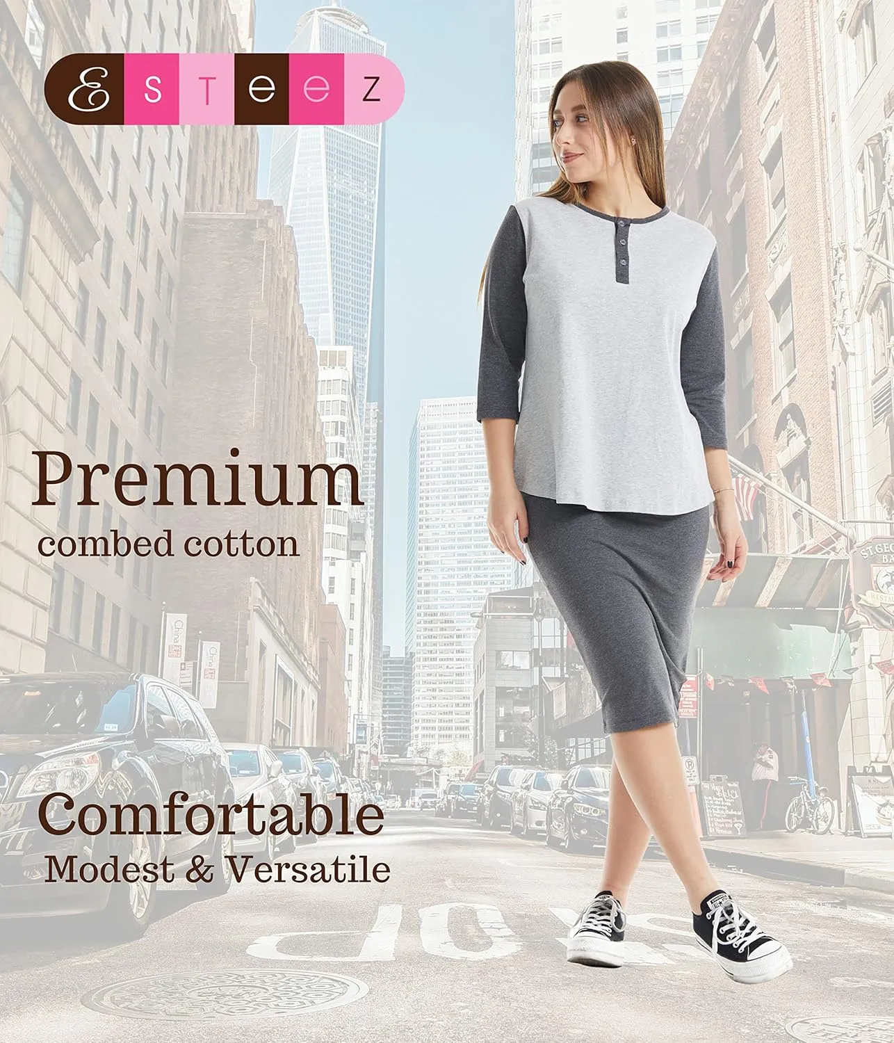 ESTEEZ 3/4 Sleeve Cotton Spandex Casual Henley Tops for Women