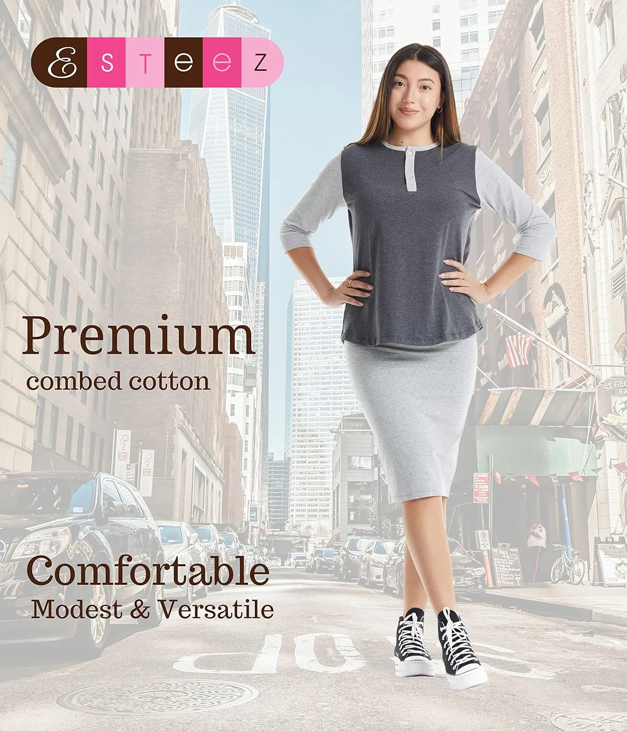 ESTEEZ 3/4 Sleeve Cotton Spandex Casual Henley Tops for Women