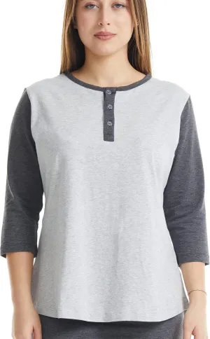 ESTEEZ 3/4 Sleeve Cotton Spandex Casual Henley Tops for Women