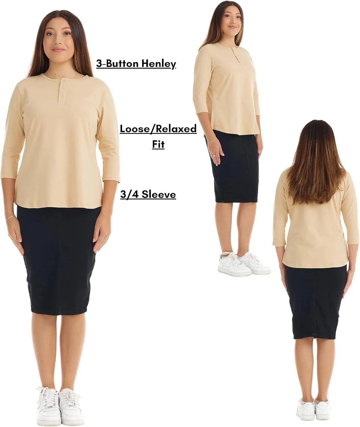 ESTEEZ 3/4 Sleeve Cotton Spandex Casual Henley Tops for Women