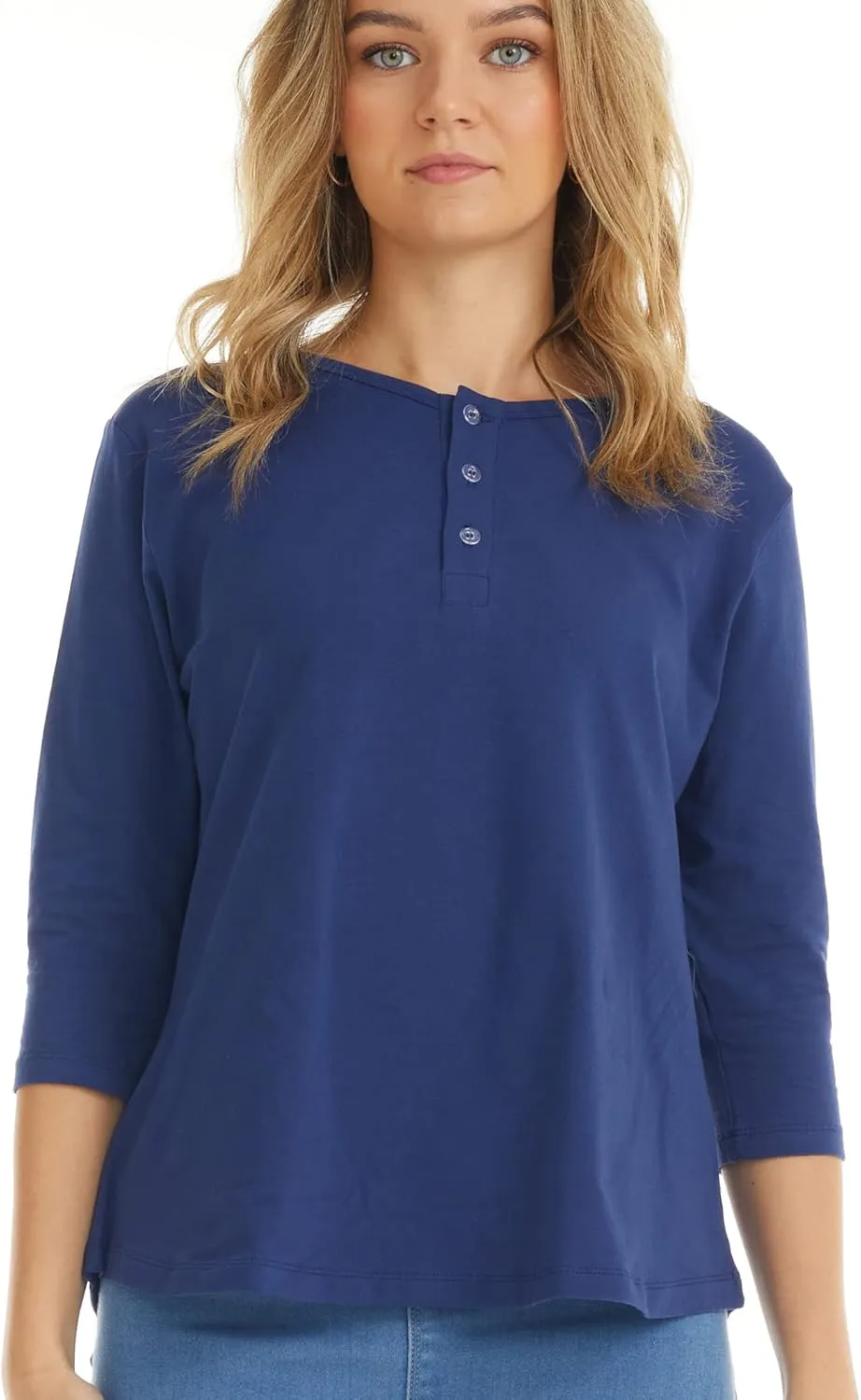 ESTEEZ 3/4 Sleeve Cotton Spandex Casual Henley Tops for Women