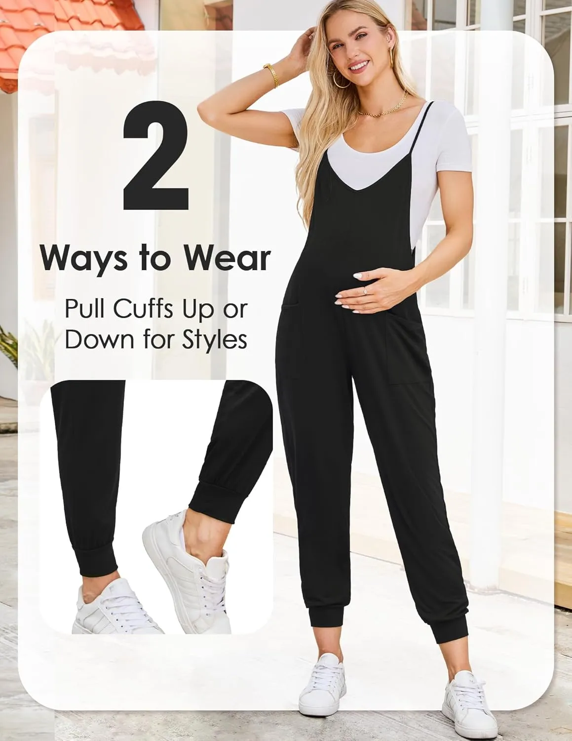 FABRACK Women's Maternity Jumpsuits Loose Adjustable Spaghetti Strap Jogger Overalls Outfits Pregnancy Romper with Pockets