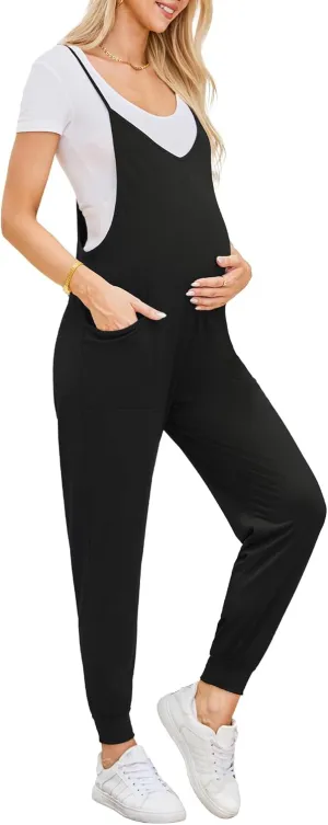FABRACK Women's Maternity Jumpsuits Loose Adjustable Spaghetti Strap Jogger Overalls Outfits Pregnancy Romper with Pockets