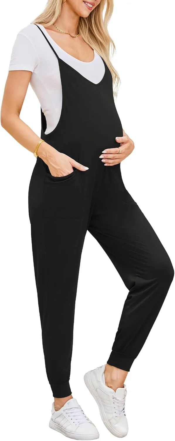 FABRACK Women's Maternity Jumpsuits Loose Adjustable Spaghetti Strap Jogger Overalls Outfits Pregnancy Romper with Pockets