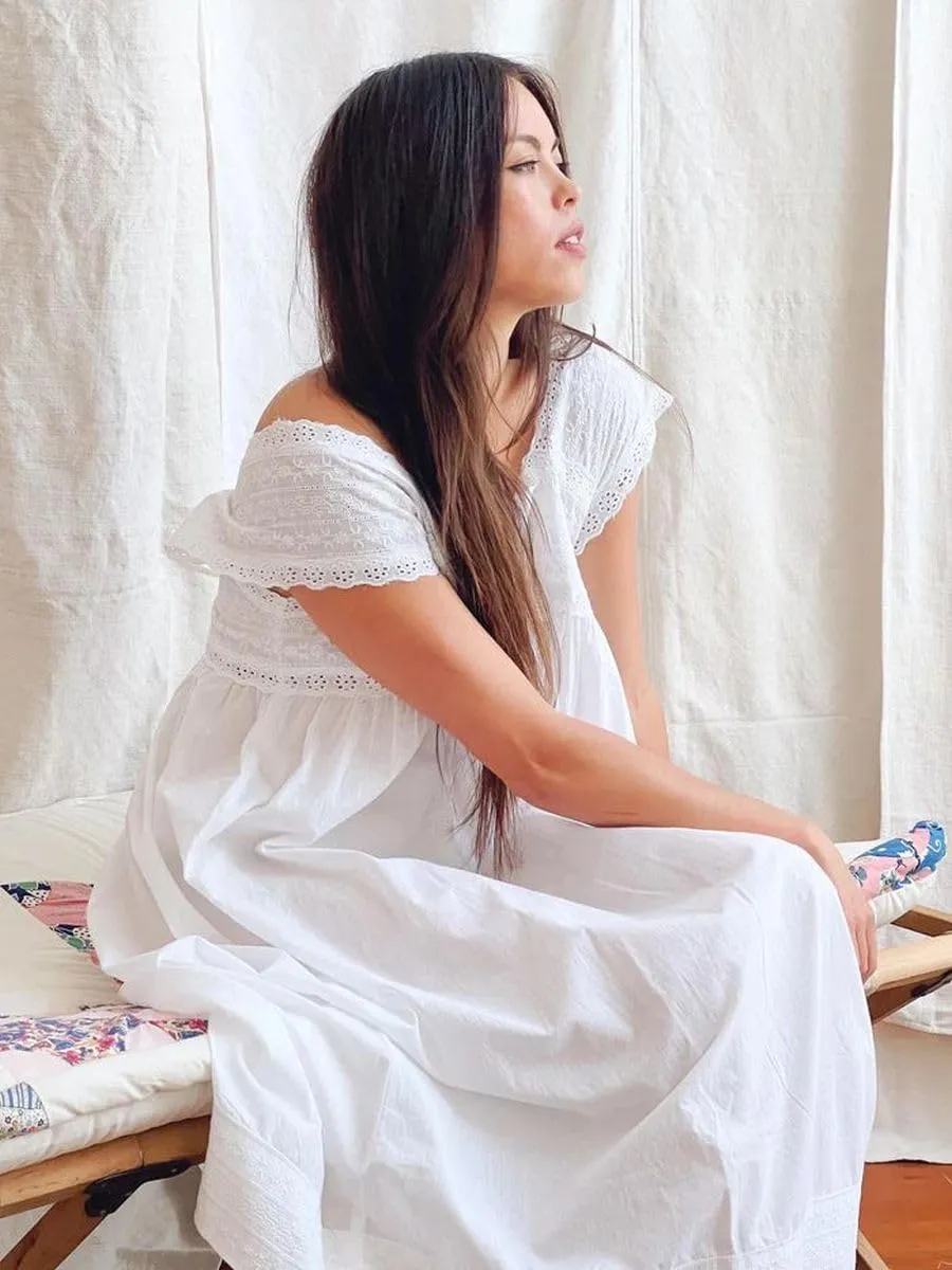 Feminine white 100% pure cotton nightgown women's Victorian style sleepwear nightdress boho sleeveless nightie