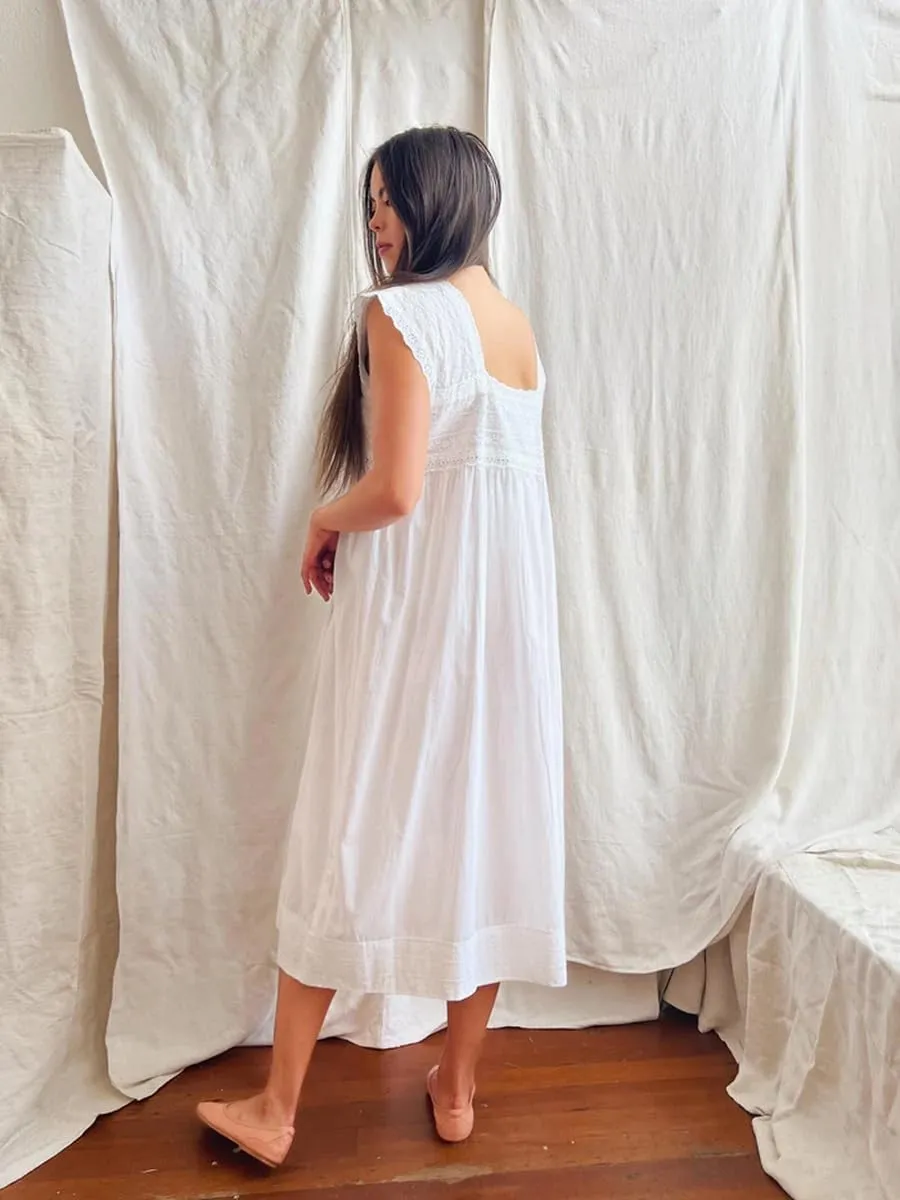 Feminine white 100% pure cotton nightgown women's Victorian style sleepwear nightdress boho sleeveless nightie
