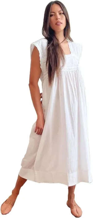 Feminine white 100% pure cotton nightgown women's Victorian style sleepwear nightdress boho sleeveless nightie