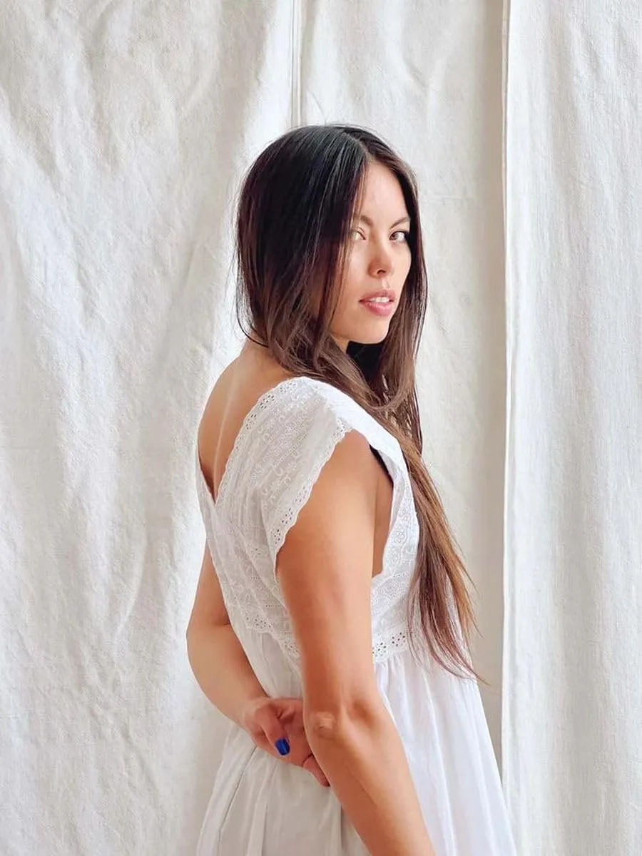 Feminine white 100% pure cotton nightgown women's Victorian style sleepwear nightdress boho sleeveless nightie