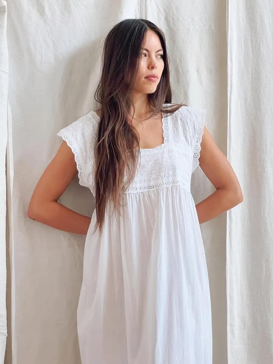 Feminine white 100% pure cotton nightgown women's Victorian style sleepwear nightdress boho sleeveless nightie