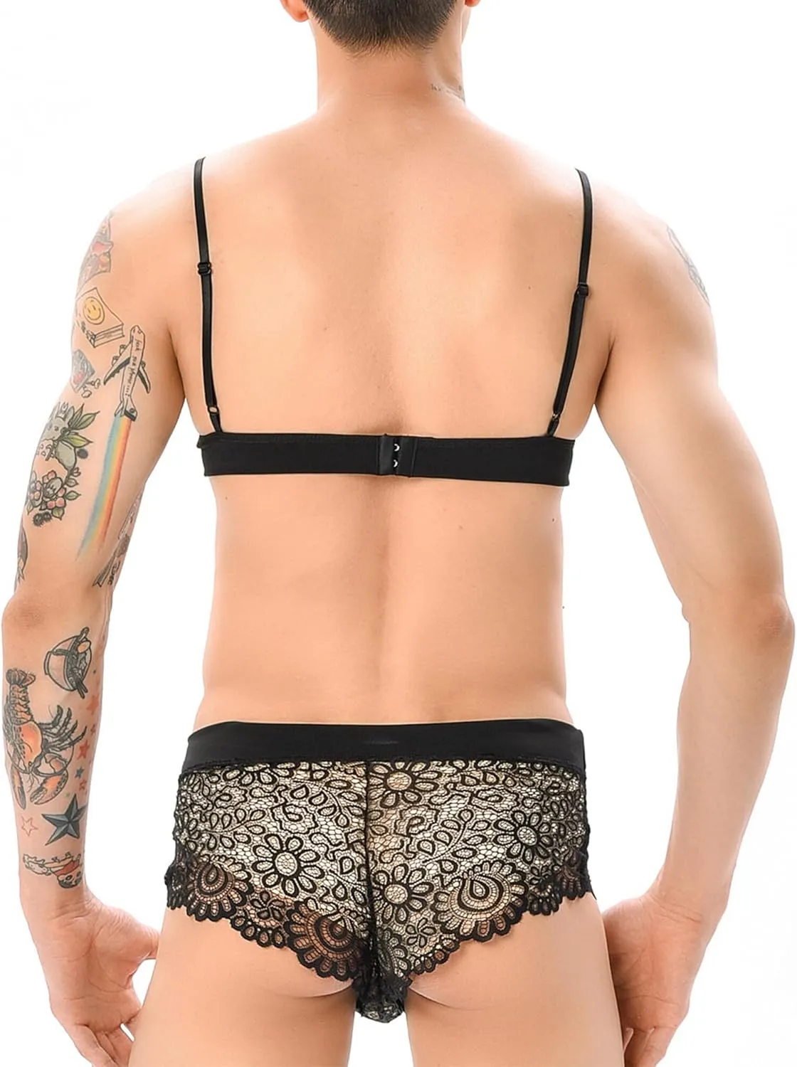 FEOYA Feminine Underwear for Men Sissy Lingerie Set 3 Piece Floral Lace Bra And Panty Stockings For Crossdressers