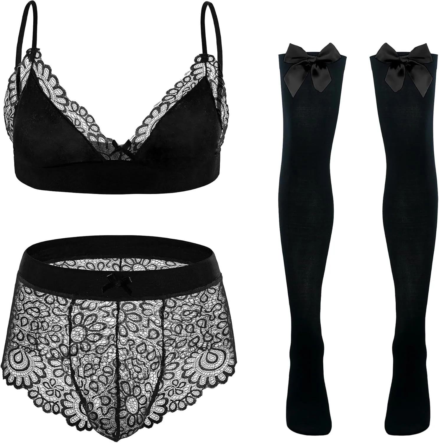 FEOYA Feminine Underwear for Men Sissy Lingerie Set 3 Piece Floral Lace Bra And Panty Stockings For Crossdressers