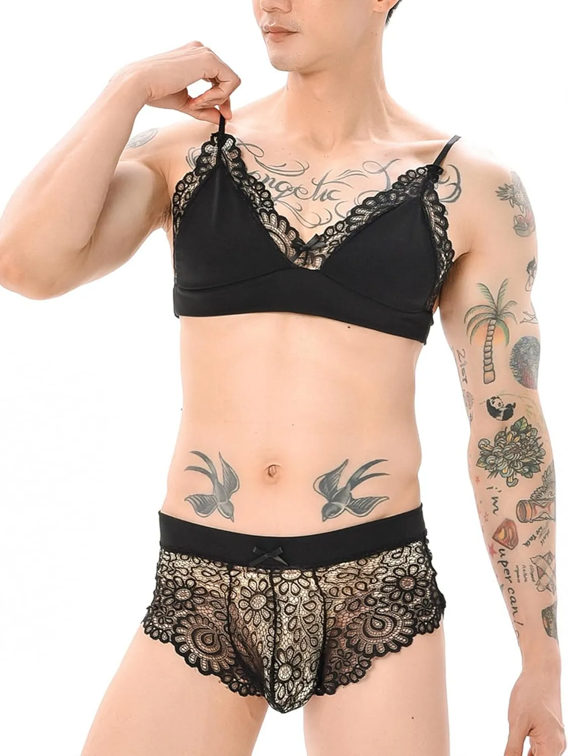 FEOYA Feminine Underwear for Men Sissy Lingerie Set 3 Piece Floral Lace Bra And Panty Stockings For Crossdressers
