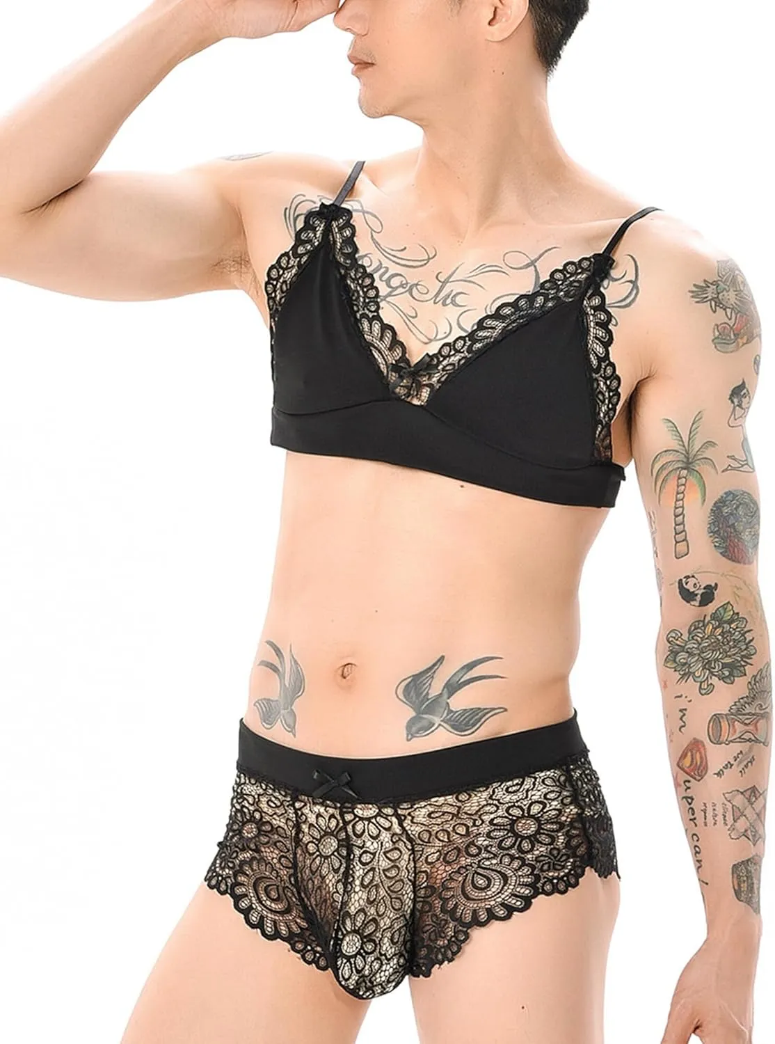 FEOYA Feminine Underwear for Men Sissy Lingerie Set 3 Piece Floral Lace Bra And Panty Stockings For Crossdressers