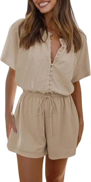Fixmatti Short Sleeve Romper One Piece Button Up Jumpsuits for Women Summer Shorts Rompers