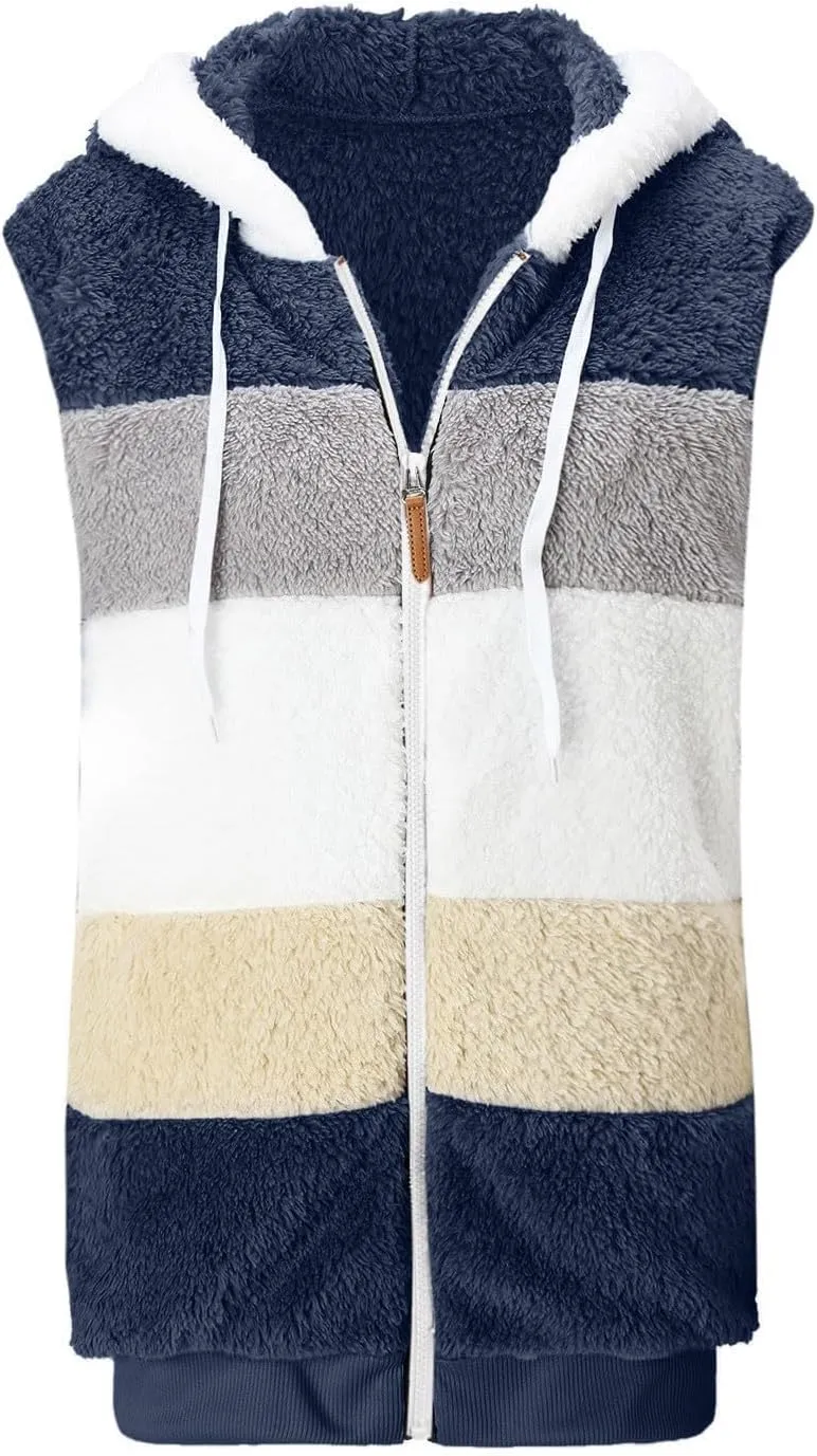 Fuzzy Fleece Vest for Women Color Block Sleeveless Hooded Jacket Casual Zip Up Sherpa Vest Winter Warm Teddy Coat