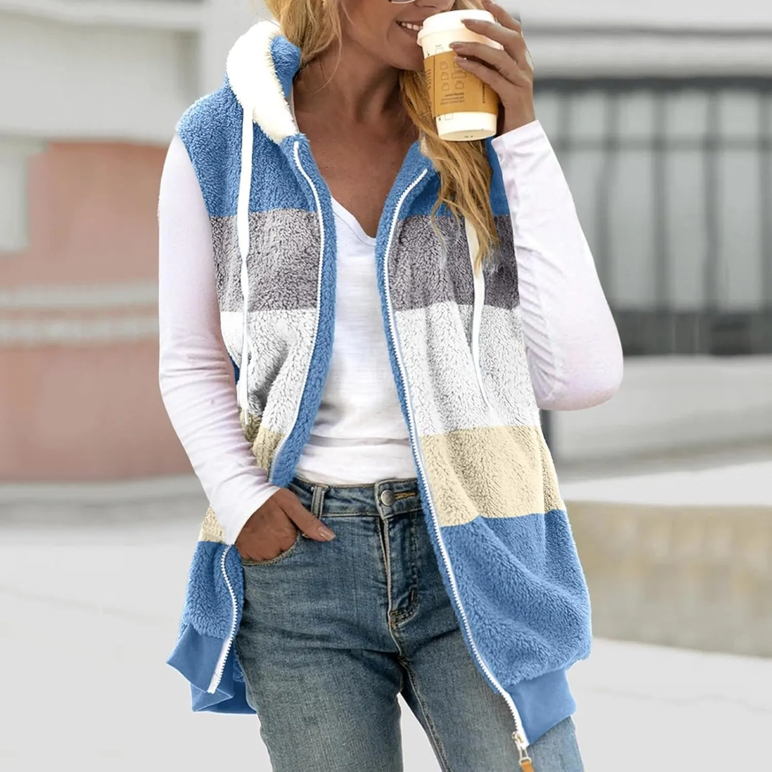 Fuzzy Fleece Vest for Women Color Block Sleeveless Hooded Jacket Casual Zip Up Sherpa Vest Winter Warm Teddy Coat