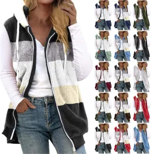 Fuzzy Fleece Vest for Women Color Block Sleeveless Hooded Jacket Casual Zip Up Sherpa Vest Winter Warm Teddy Coat