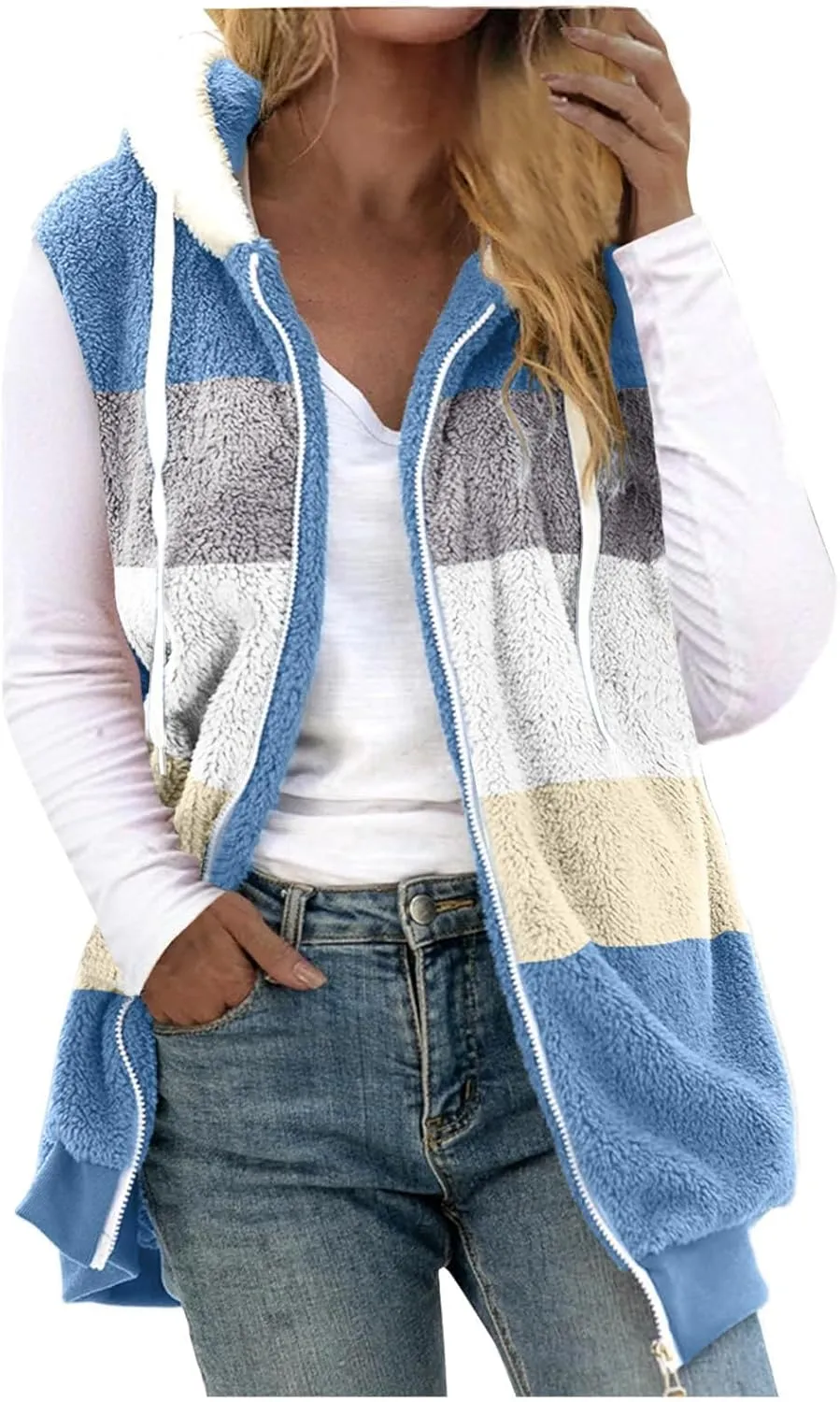 Fuzzy Fleece Vest for Women Color Block Sleeveless Hooded Jacket Casual Zip Up Sherpa Vest Winter Warm Teddy Coat