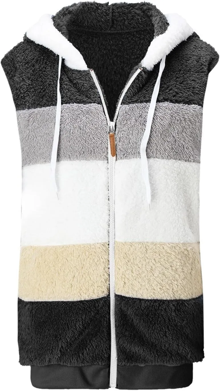 Fuzzy Fleece Vest for Women Color Block Sleeveless Hooded Jacket Casual Zip Up Sherpa Vest Winter Warm Teddy Coat
