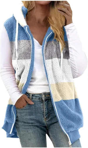 Fuzzy Fleece Vest for Women Color Block Sleeveless Hooded Jacket Casual Zip Up Sherpa Vest Winter Warm Teddy Coat