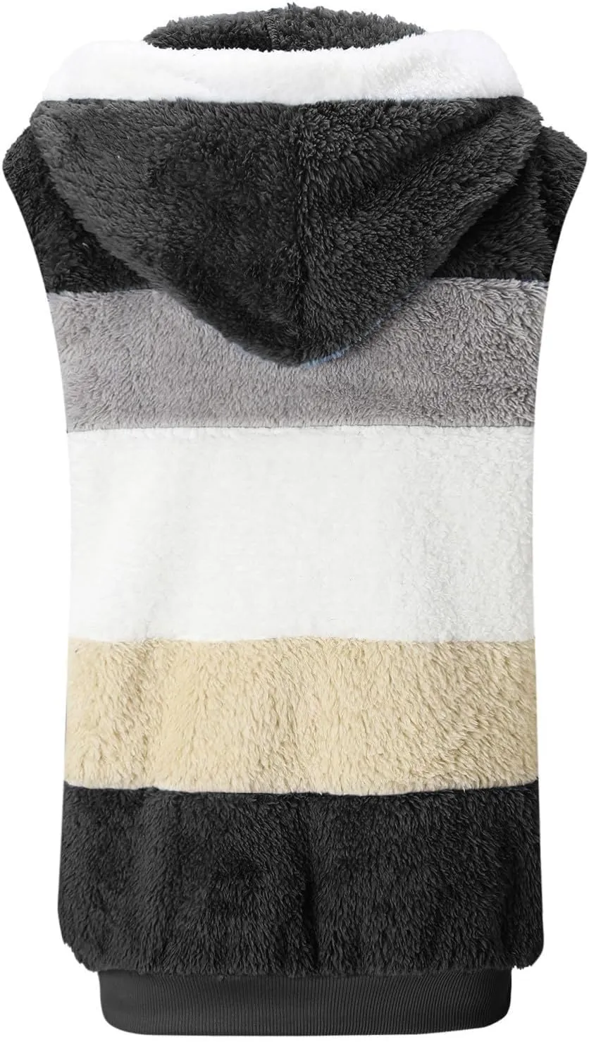 Fuzzy Fleece Vest for Women Color Block Sleeveless Hooded Jacket Casual Zip Up Sherpa Vest Winter Warm Teddy Coat