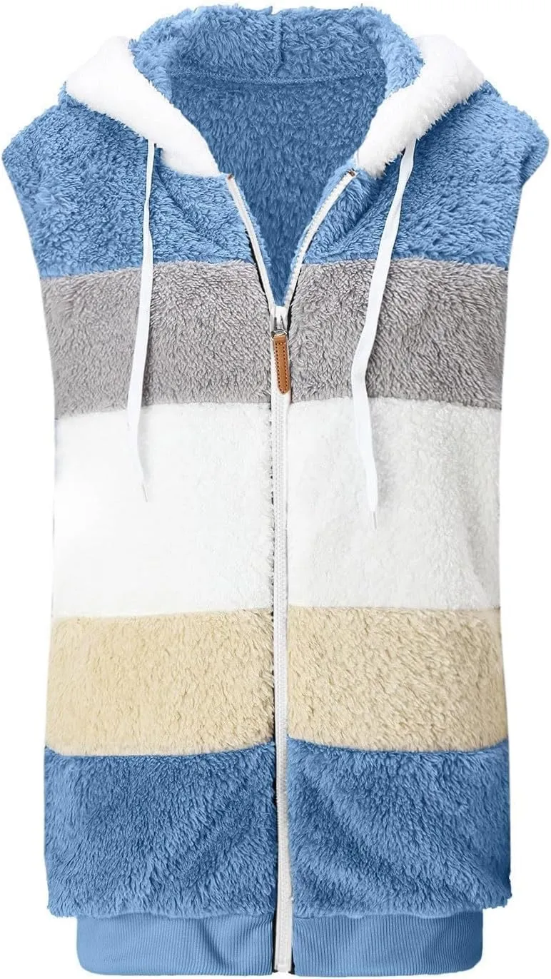 Fuzzy Fleece Vest for Women Color Block Sleeveless Hooded Jacket Casual Zip Up Sherpa Vest Winter Warm Teddy Coat