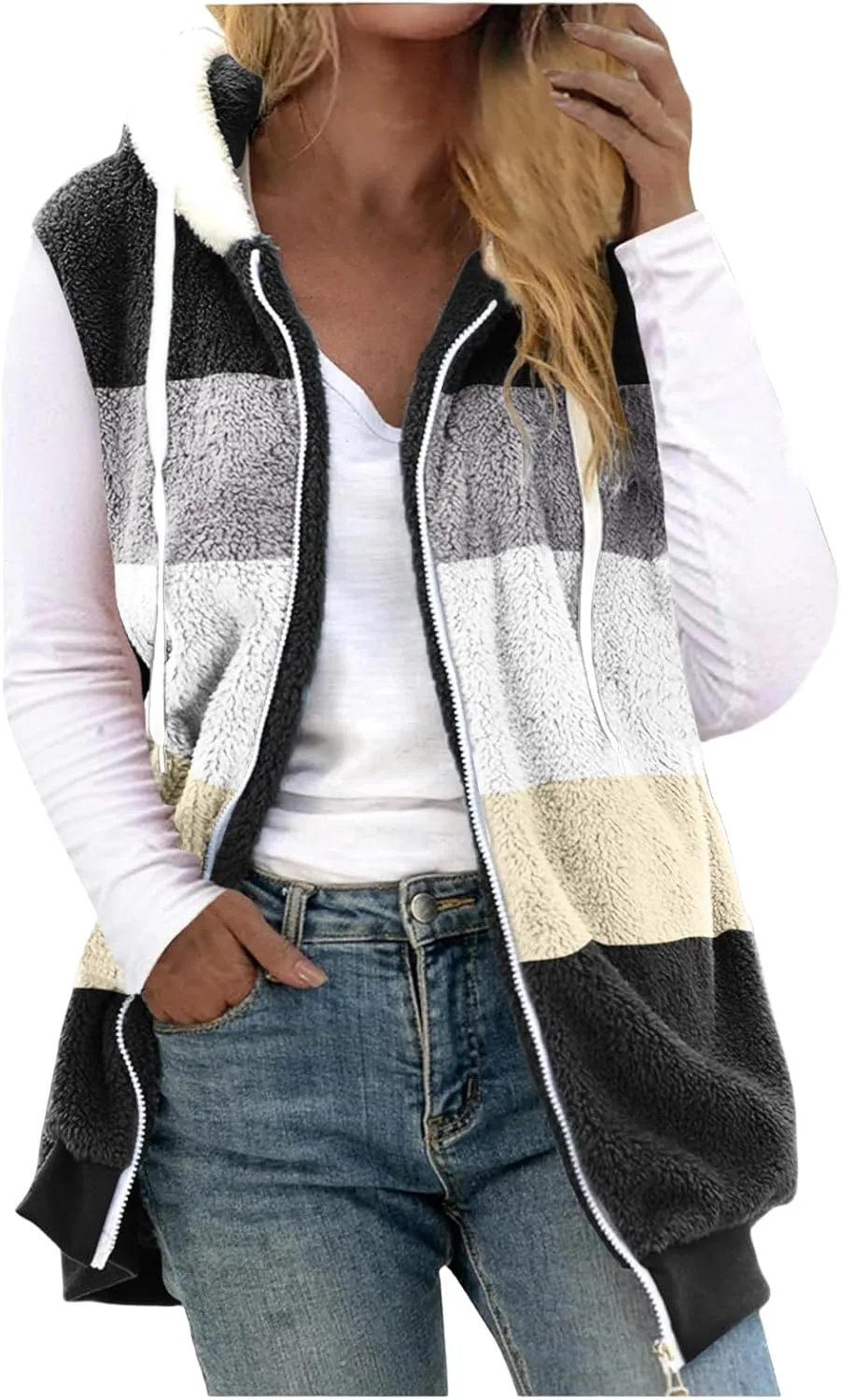 Fuzzy Fleece Vest for Women Color Block Sleeveless Hooded Jacket Casual Zip Up Sherpa Vest Winter Warm Teddy Coat