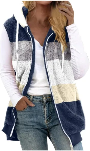 Fuzzy Fleece Vest for Women Color Block Sleeveless Hooded Jacket Casual Zip Up Sherpa Vest Winter Warm Teddy Coat