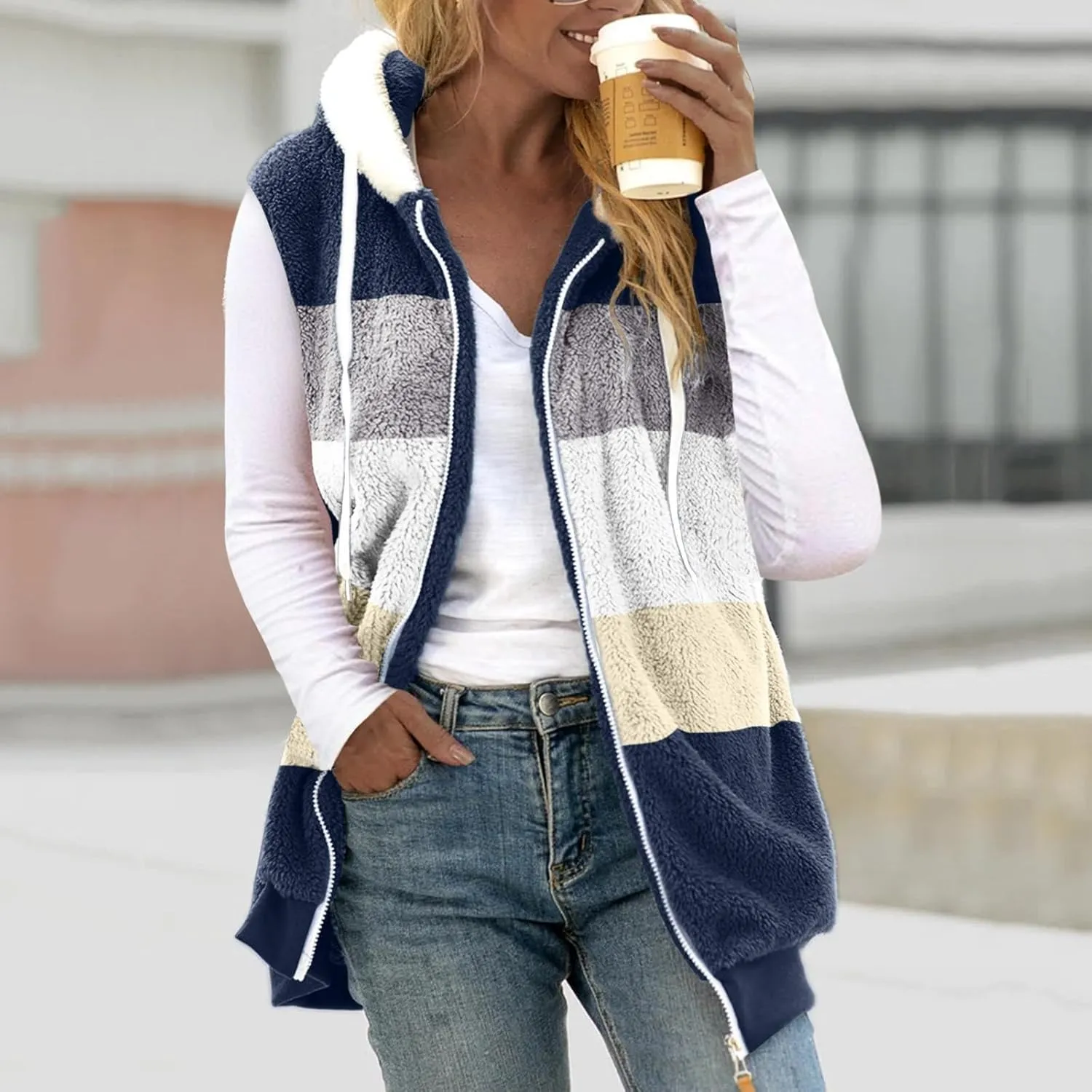 Fuzzy Fleece Vest for Women Color Block Sleeveless Hooded Jacket Casual Zip Up Sherpa Vest Winter Warm Teddy Coat