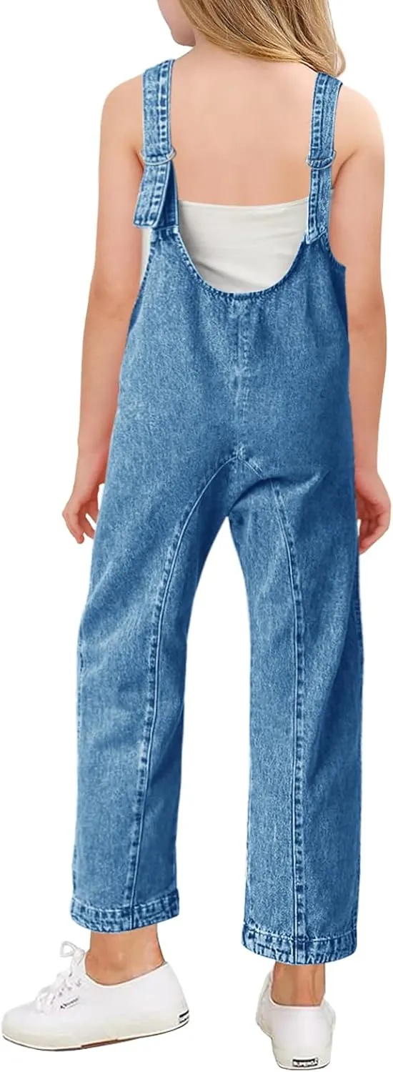 Haloumoning Girls' Denim Overall Jumpsuits Sleeveless V Neck Adjustable Straps Jeans Pants Jumpers with Pockets