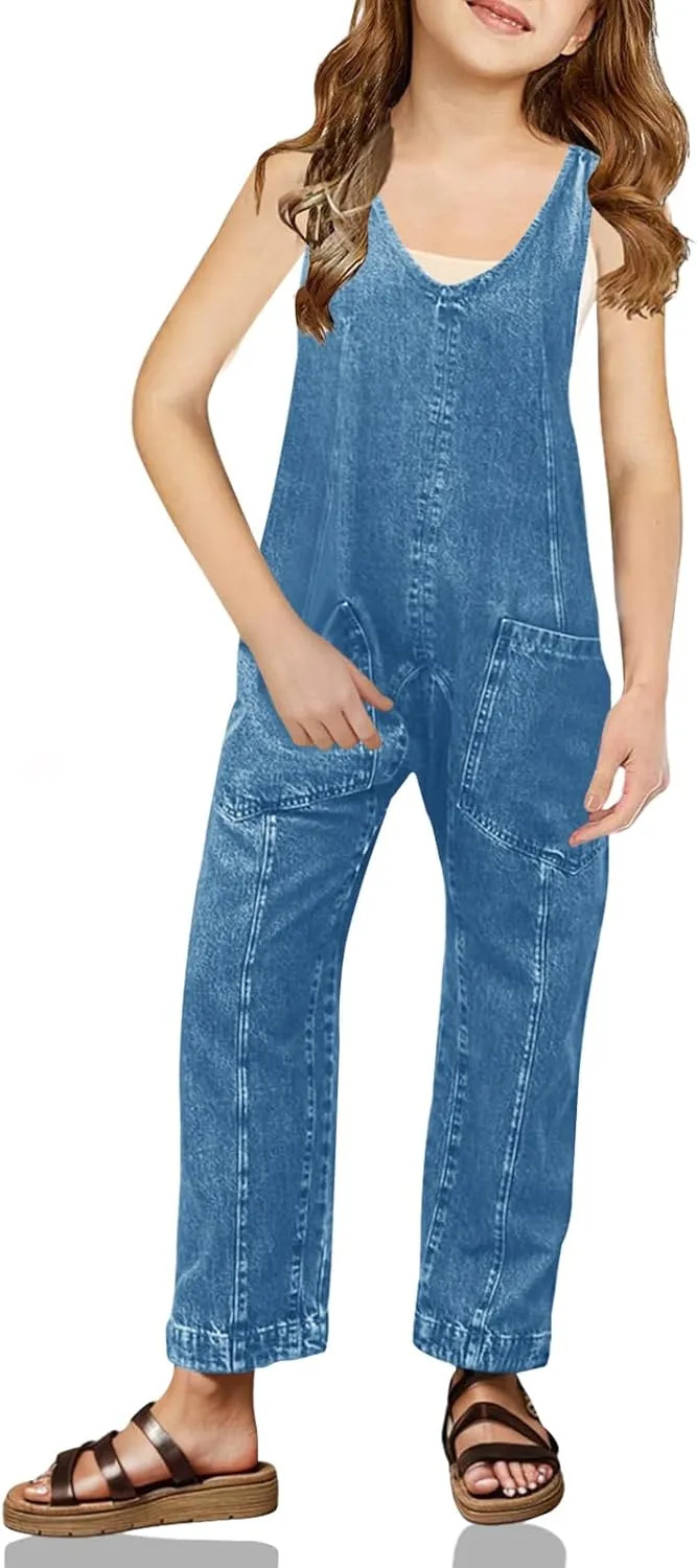 Haloumoning Girls' Denim Overall Jumpsuits Sleeveless V Neck Adjustable Straps Jeans Pants Jumpers with Pockets