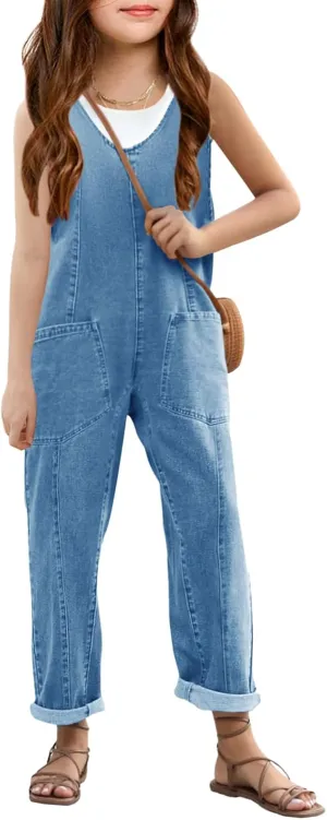 Haloumoning Girls' Denim Overall Jumpsuits Sleeveless V Neck Adjustable Straps Jeans Pants Jumpers with Pockets