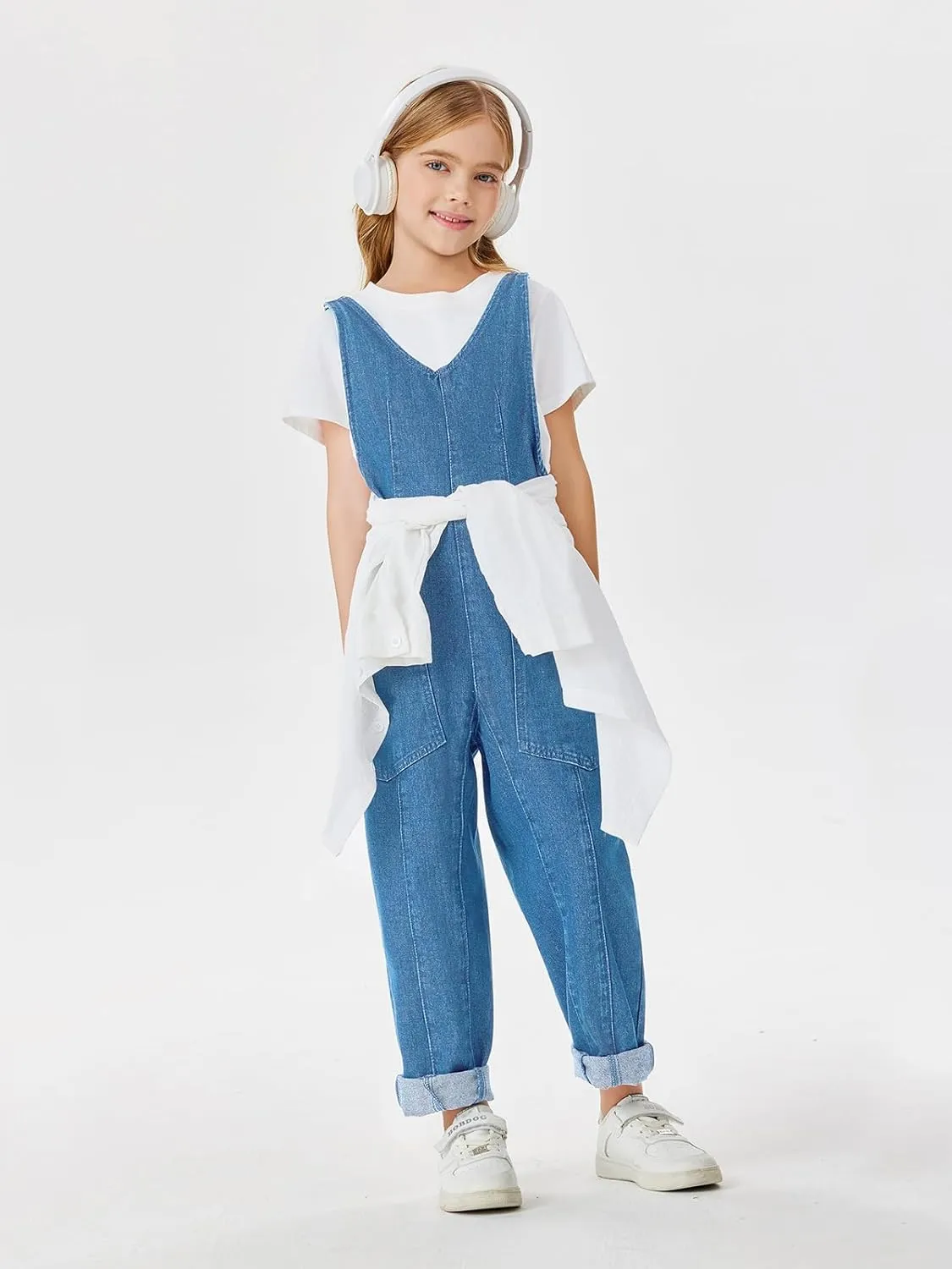 Haloumoning Girls' Denim Overall Jumpsuits Sleeveless V Neck Adjustable Straps Jeans Pants Jumpers with Pockets