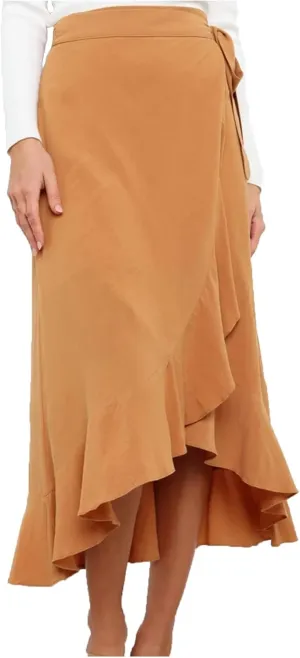 Irregular Wrap Skirts for Women Summer Casual Plain Ruffle Trim High Waisted Tied Slit Midi Beachy Skirt