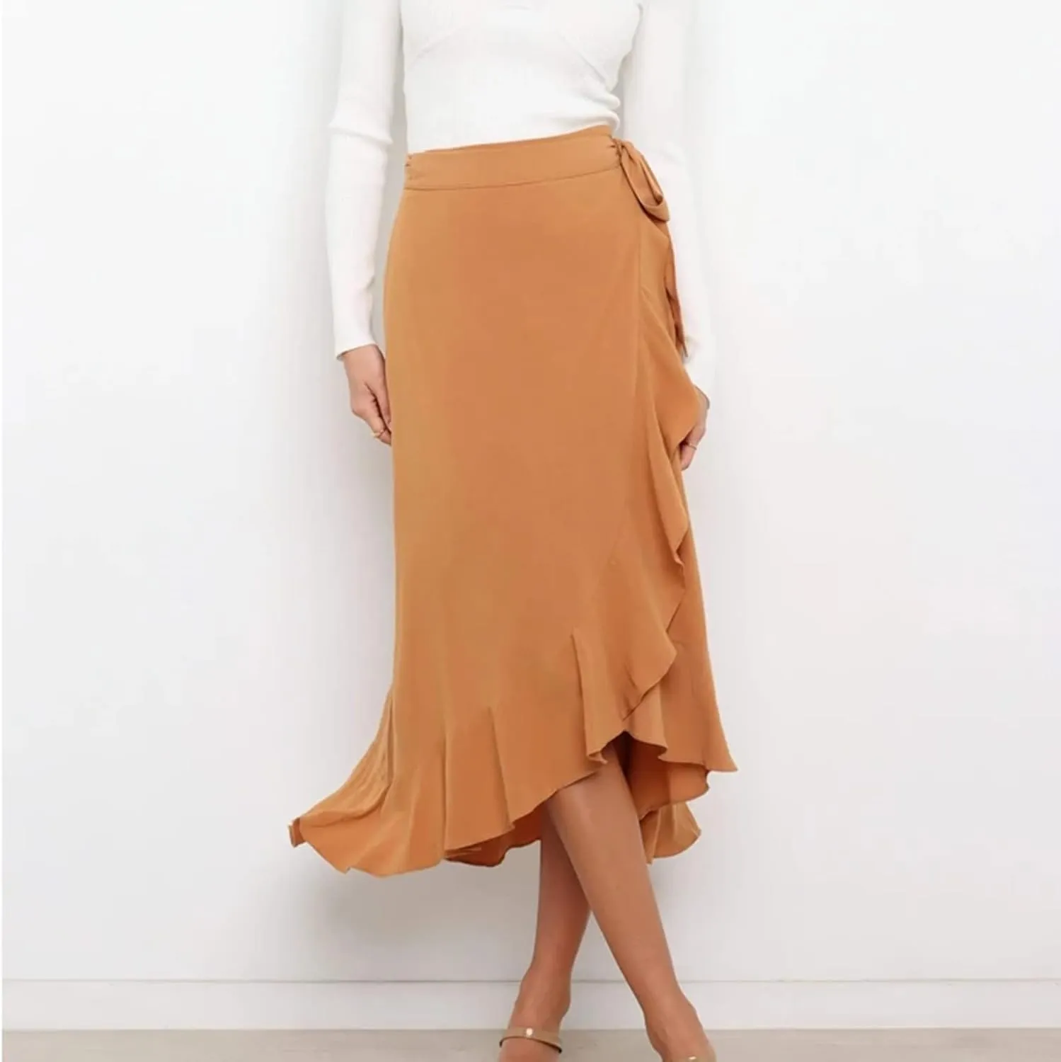 Irregular Wrap Skirts for Women Summer Casual Plain Ruffle Trim High Waisted Tied Slit Midi Beachy Skirt