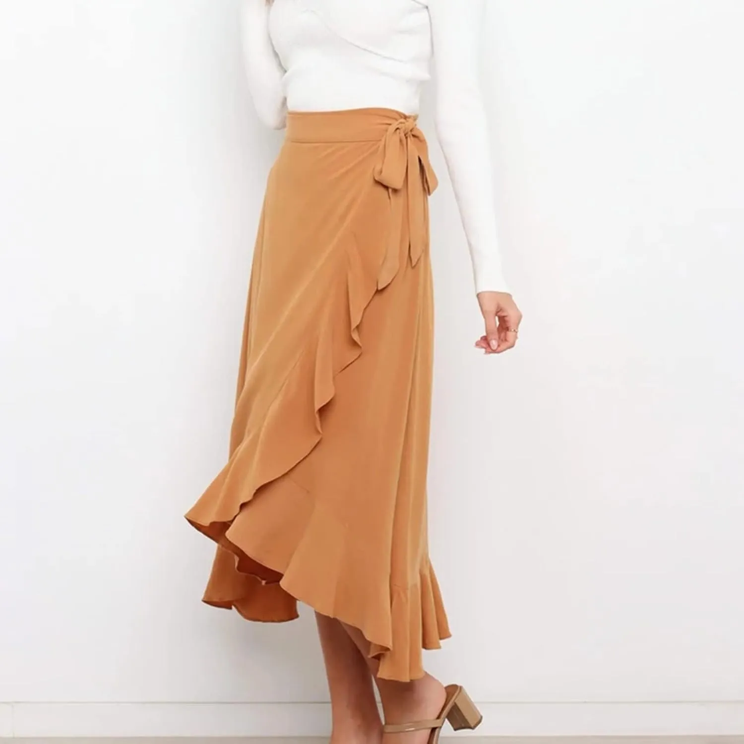 Irregular Wrap Skirts for Women Summer Casual Plain Ruffle Trim High Waisted Tied Slit Midi Beachy Skirt