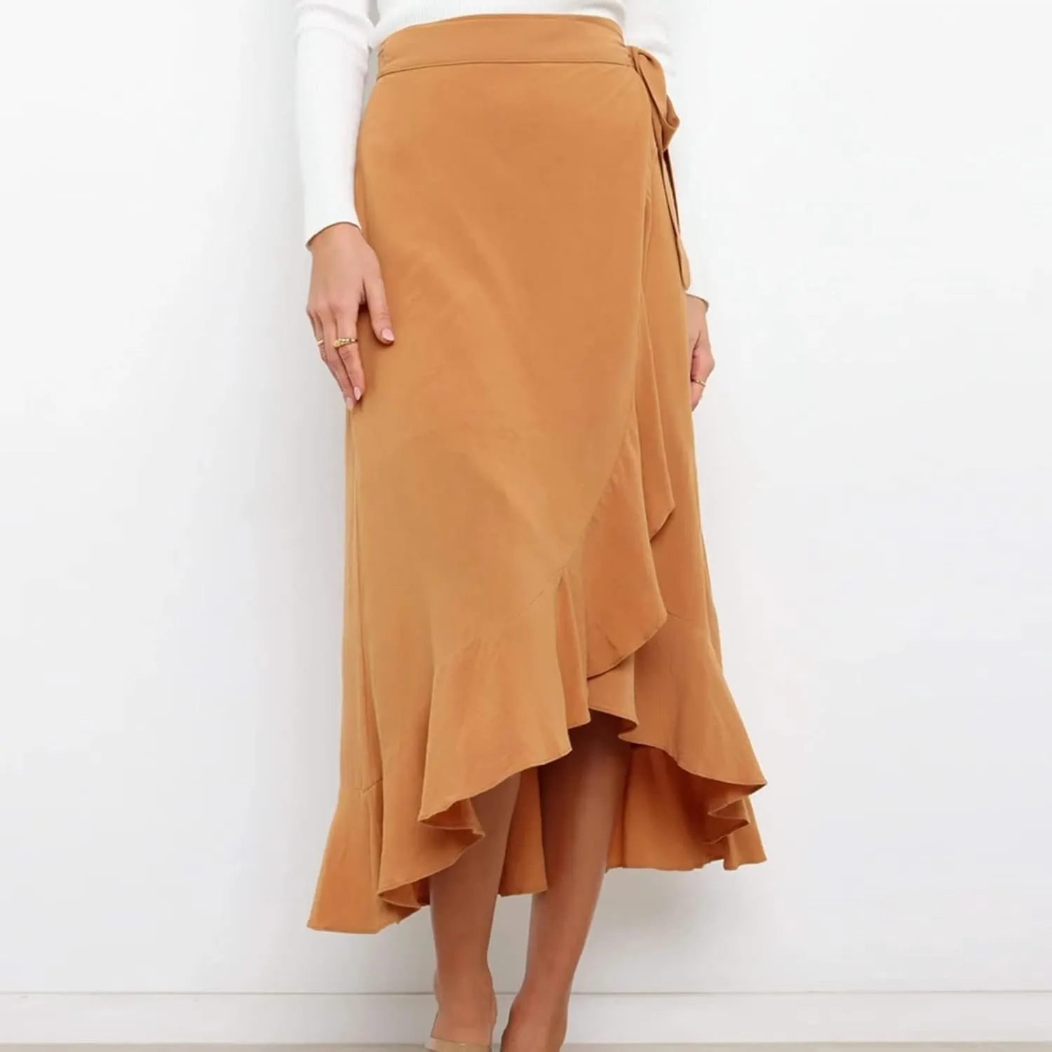 Irregular Wrap Skirts for Women Summer Casual Plain Ruffle Trim High Waisted Tied Slit Midi Beachy Skirt