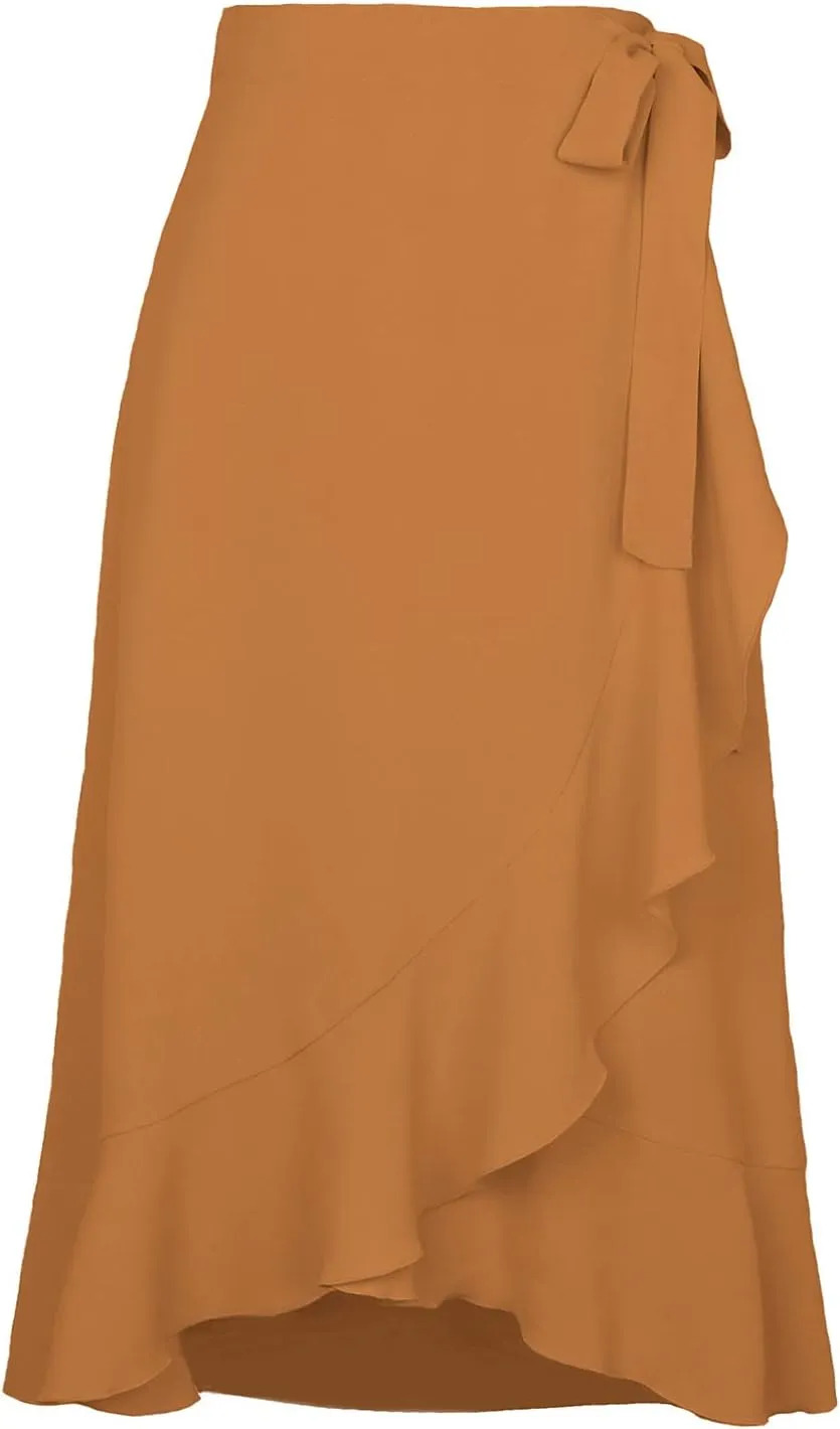 Irregular Wrap Skirts for Women Summer Casual Plain Ruffle Trim High Waisted Tied Slit Midi Beachy Skirt