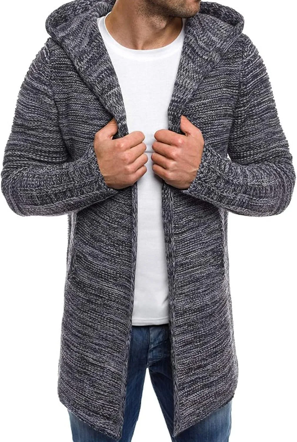 Kaxiya2021 Men's Hooded Knit Trench Coat Autumn Winter Long Sweater Cardigan Casual Slim Solid Color Open Front Outwear