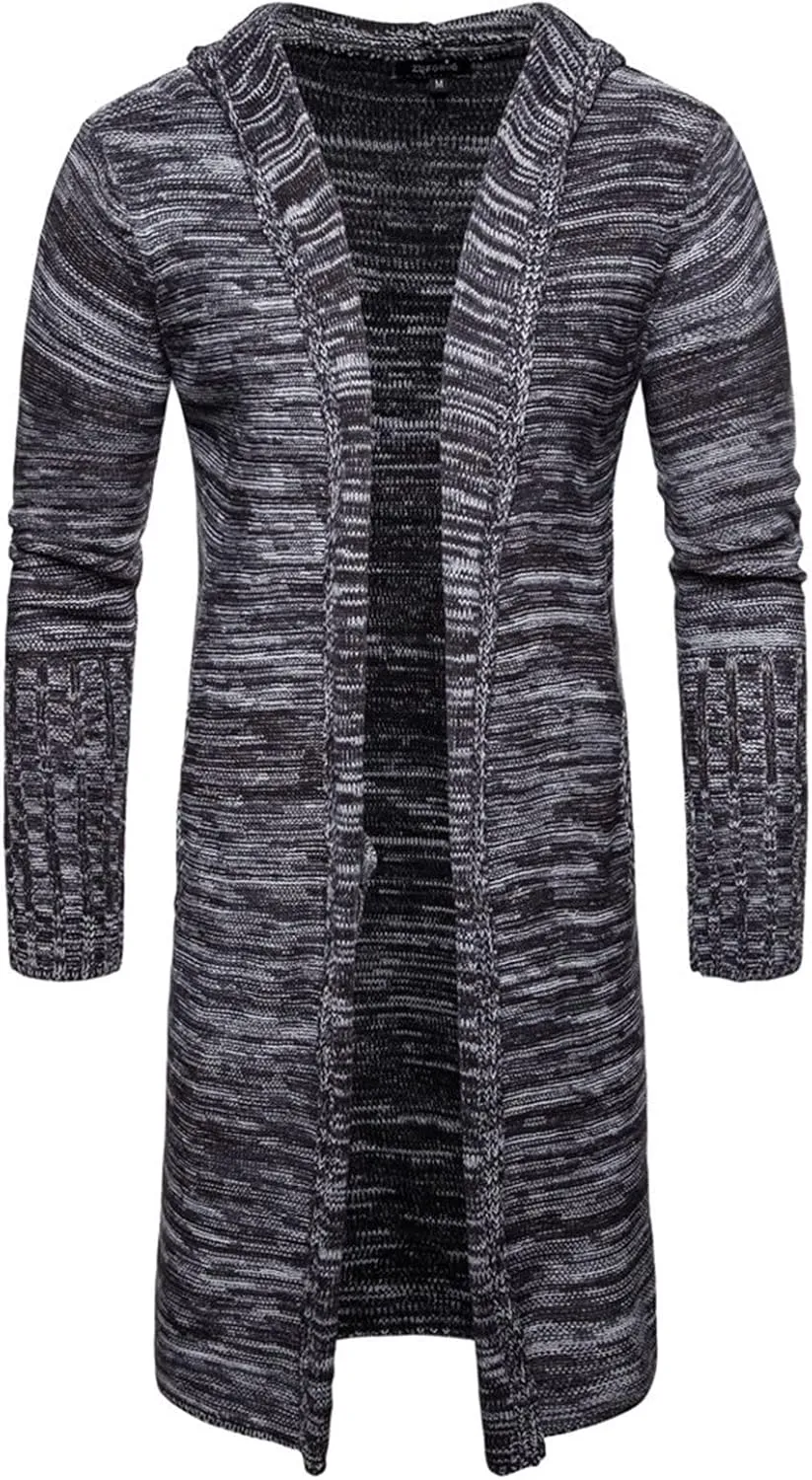 Kaxiya2021 Men's Hooded Knit Trench Coat Autumn Winter Long Sweater Cardigan Casual Slim Solid Color Open Front Outwear